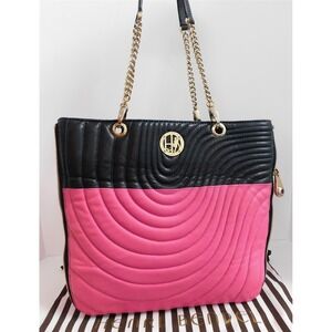 Henri‎ Bendel Pink Navy Blue Quilted Leather Gold Chain Expandable Tote Bag
